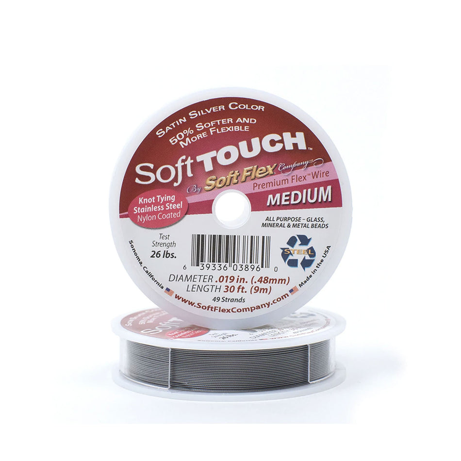 0.019in/0.48mm Satin Silver Soft Touch Medium Beading Wire 10/30/100ft