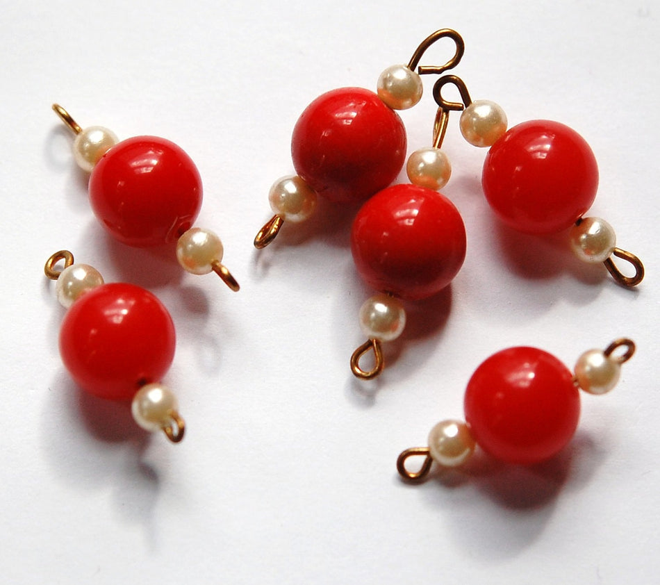 Vintage Red Acrylic bead with Pearls Connector Drops drp067