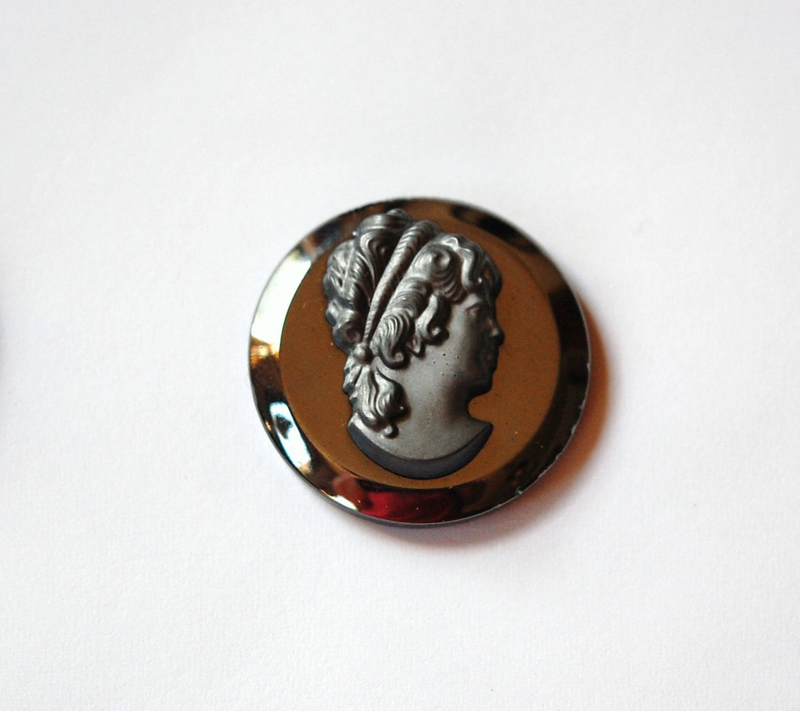 Vintage Hematite Black Glass with Matte Black Cameo 25mm cab237