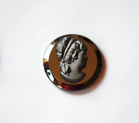 Vintage Hematite Black Glass with Matte Black Cameo 25mm cab237