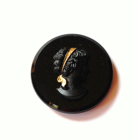 Vintage Black Glass with Matte Black Cameo Gold Ribbon 25mm cab236