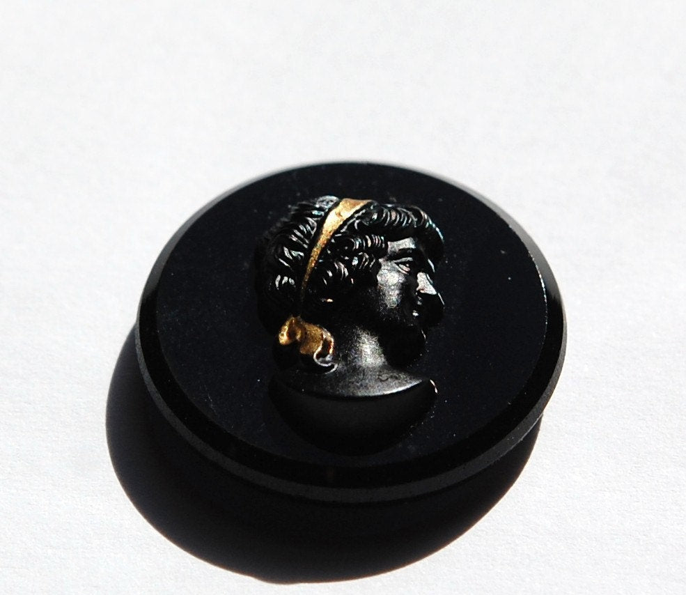 Vintage Black Glass with Matte Black Cameo Gold Ribbon 25mm cab236