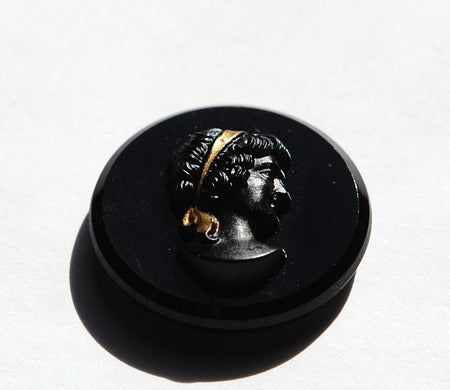 Vintage Black Glass with Matte Black Cameo Gold Ribbon 25mm cab236