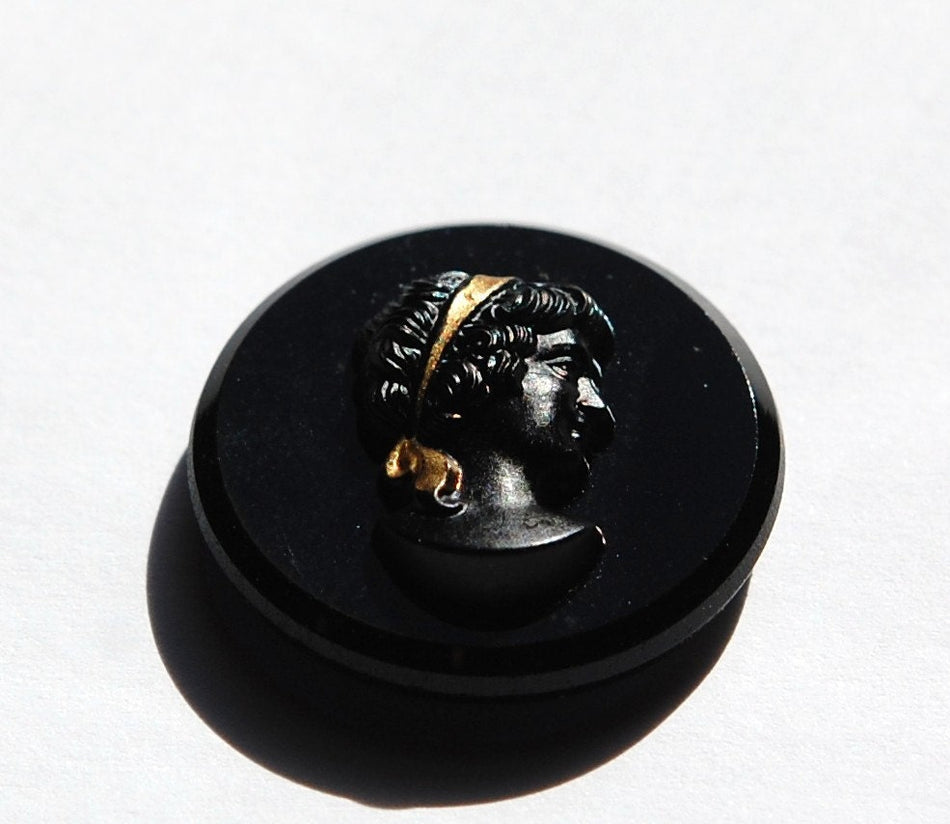Vintage Black Glass with Matte Black Cameo Gold Ribbon 25mm cab236