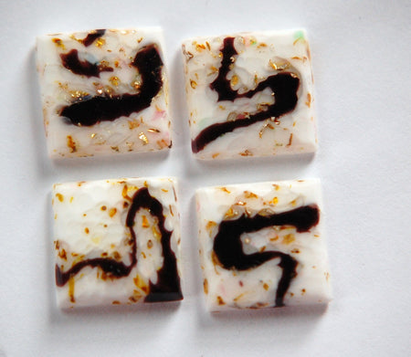 Vintage White Glass Square Cabochons Swirled with Foil 15mm cab036F