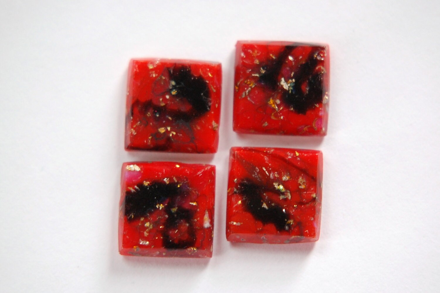 Vintage Red Glass Square Cabochons Swirled with Foil 12mm cab036G