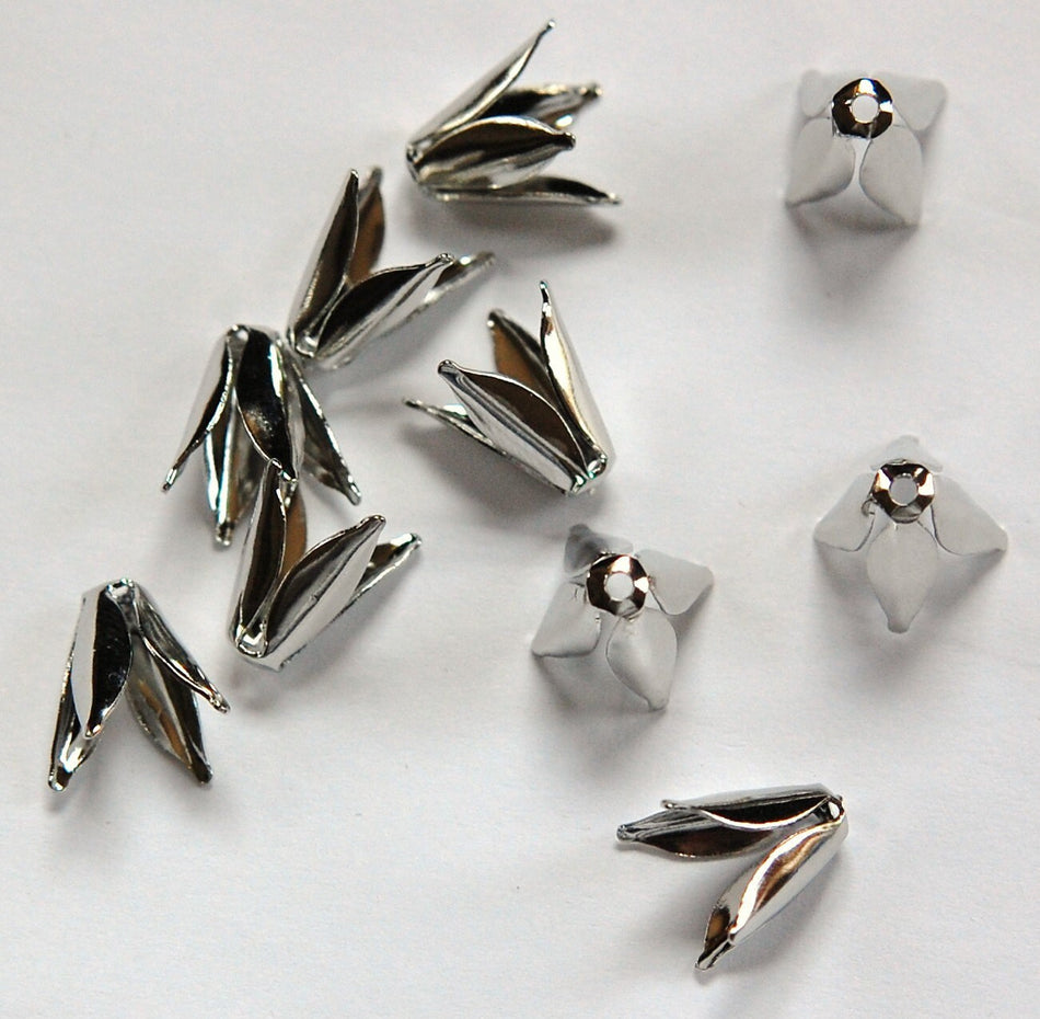 Silver Plated Long 4 Petal Bead Caps (10) mtl303A