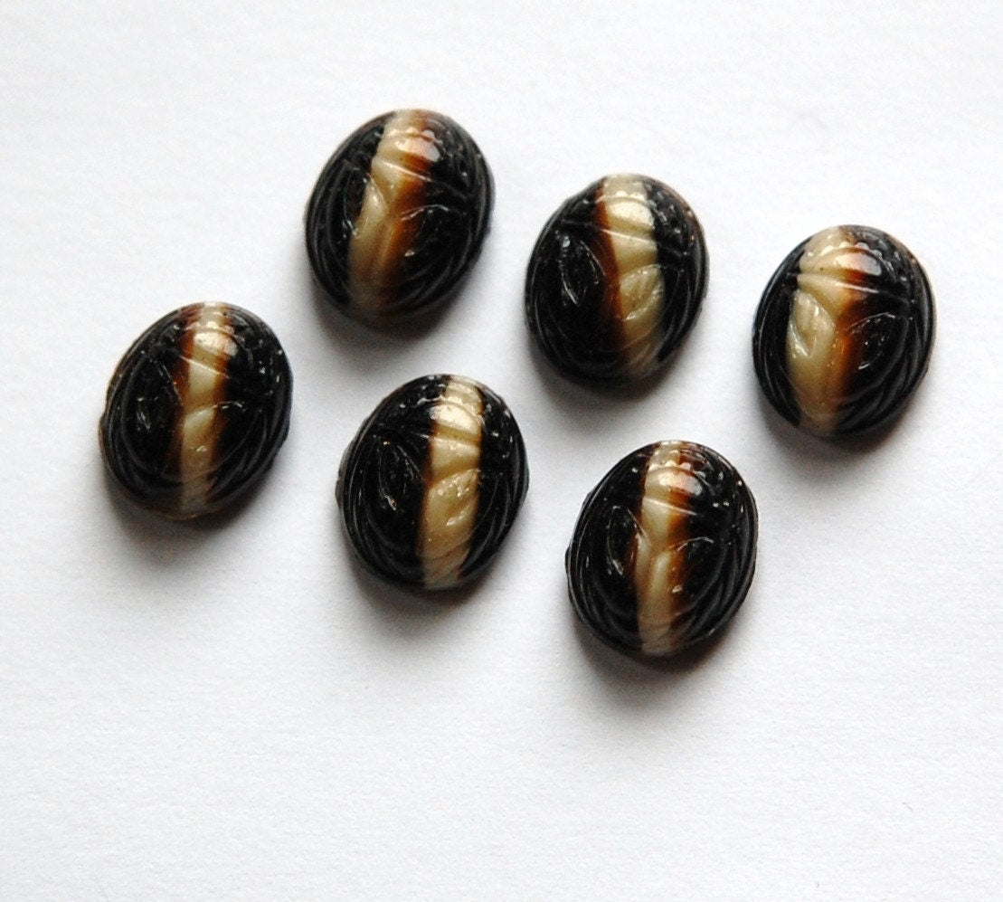 Vintage Brown Tan Scarab Glass Cabochons 10x8mm (6) cab319Y
