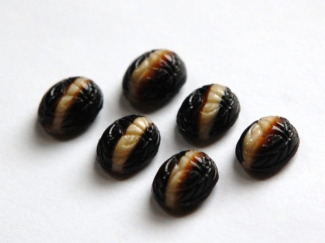 Vintage Brown Tan Scarab Glass Cabochons 10x8mm (6) cab319Y