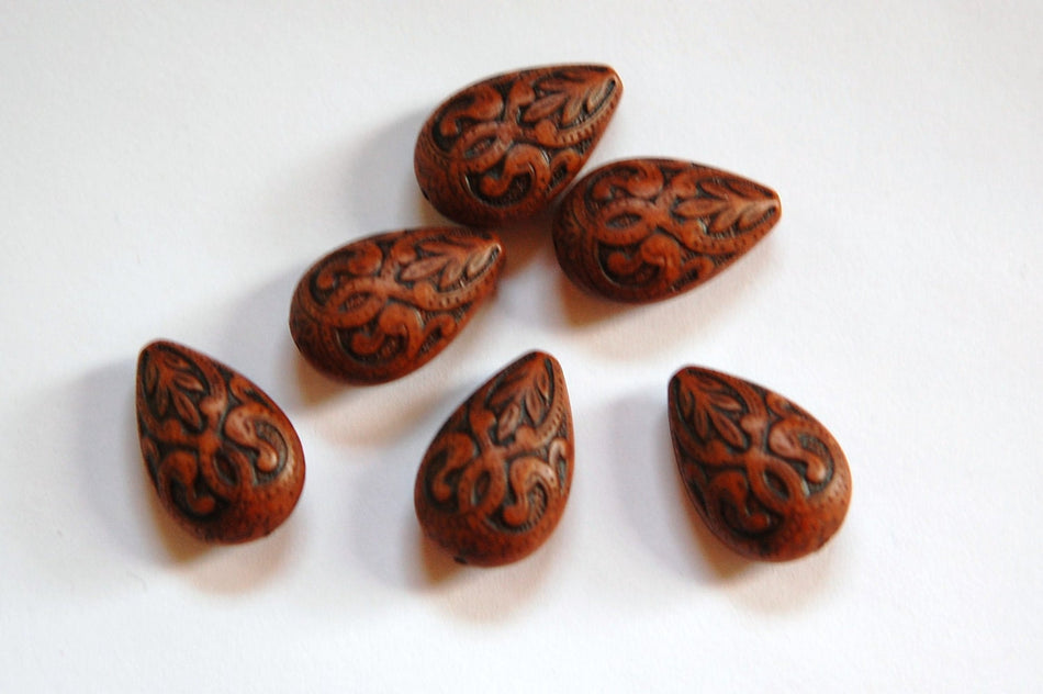 Vintage Style Antiqued Brown Etched Teardrop Beads bds120K