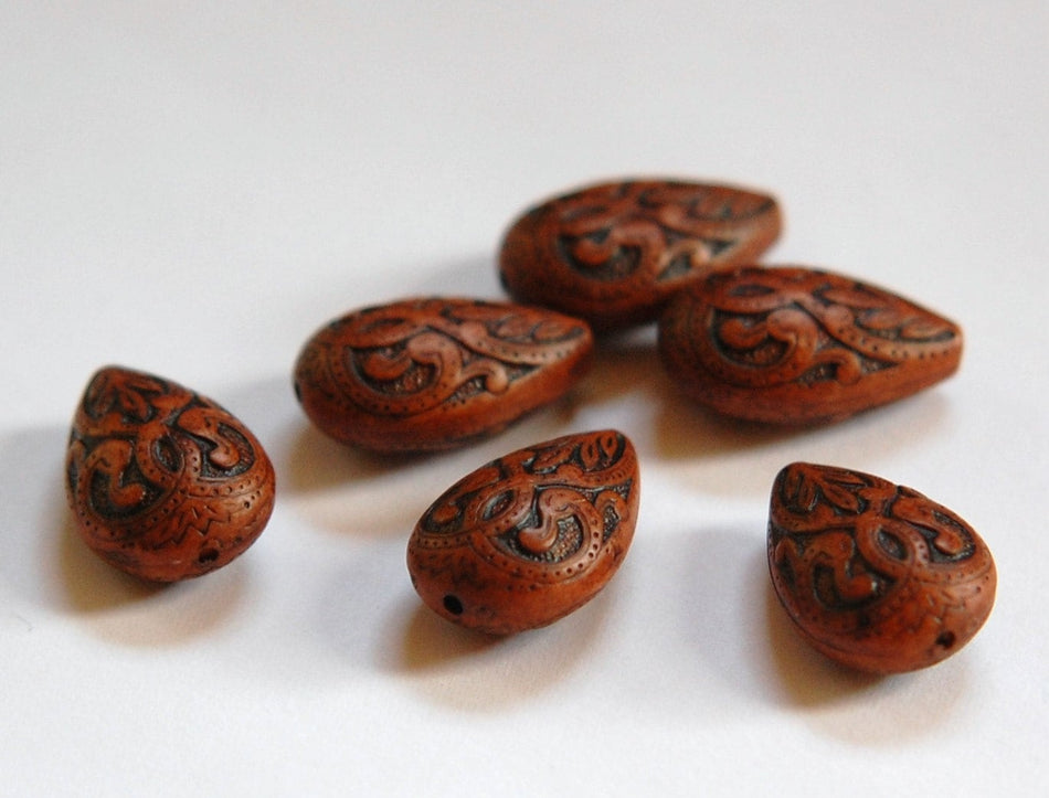 Vintage Style Antiqued Brown Etched Teardrop Beads bds120K