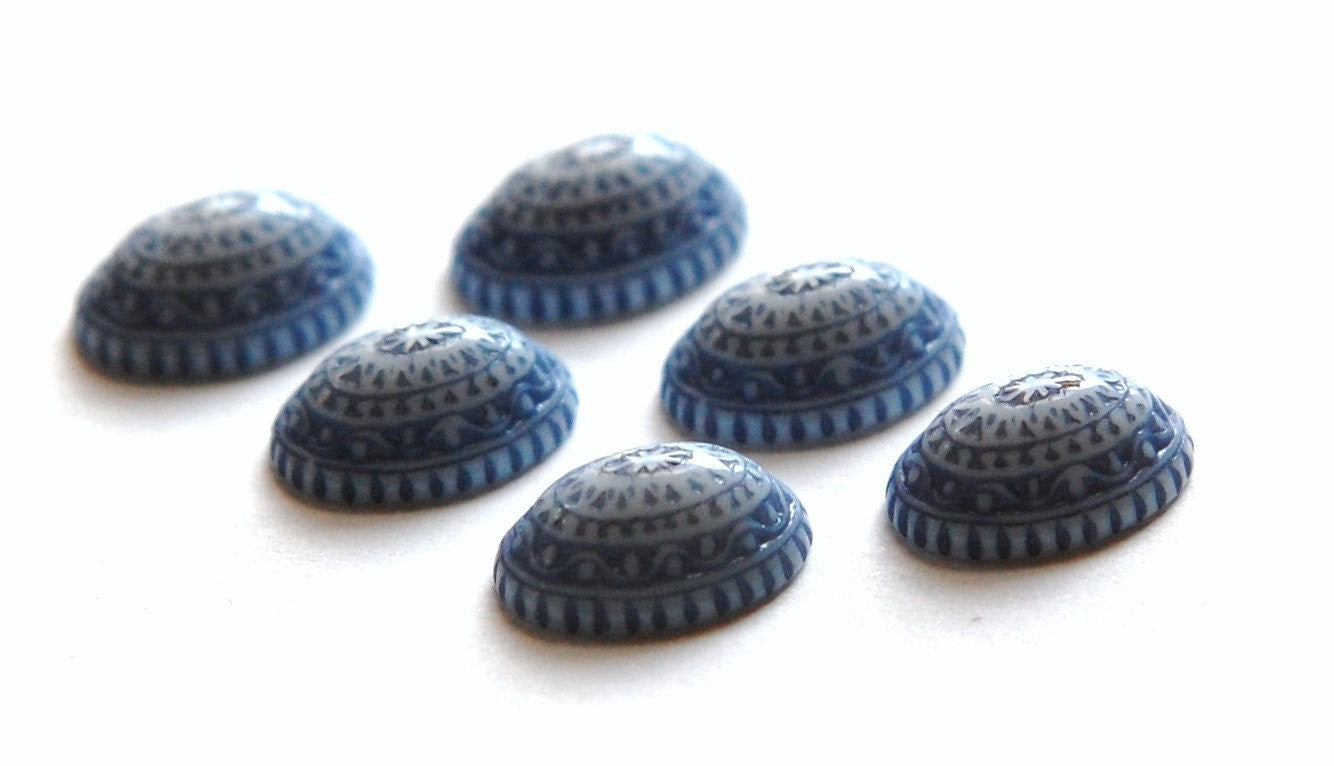 Vintage Etched Design Light Blue and White Cabochons 14mm x 10mm cab711B