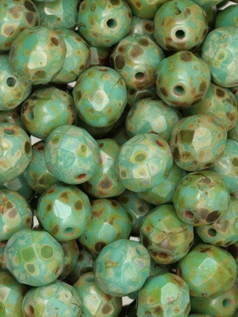 8mm Czech Opaque Turquoise Picasso Firepolish Faceted Glass Beads (25)