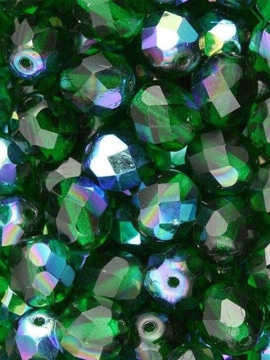 8mm Czech Emerald AB Firepolish Faceted Glass Beads (25)