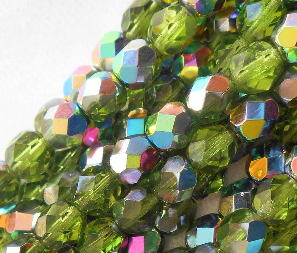 Czech Faceted Olivine Vitral Firepolish Glass Beads 6mm (25)
