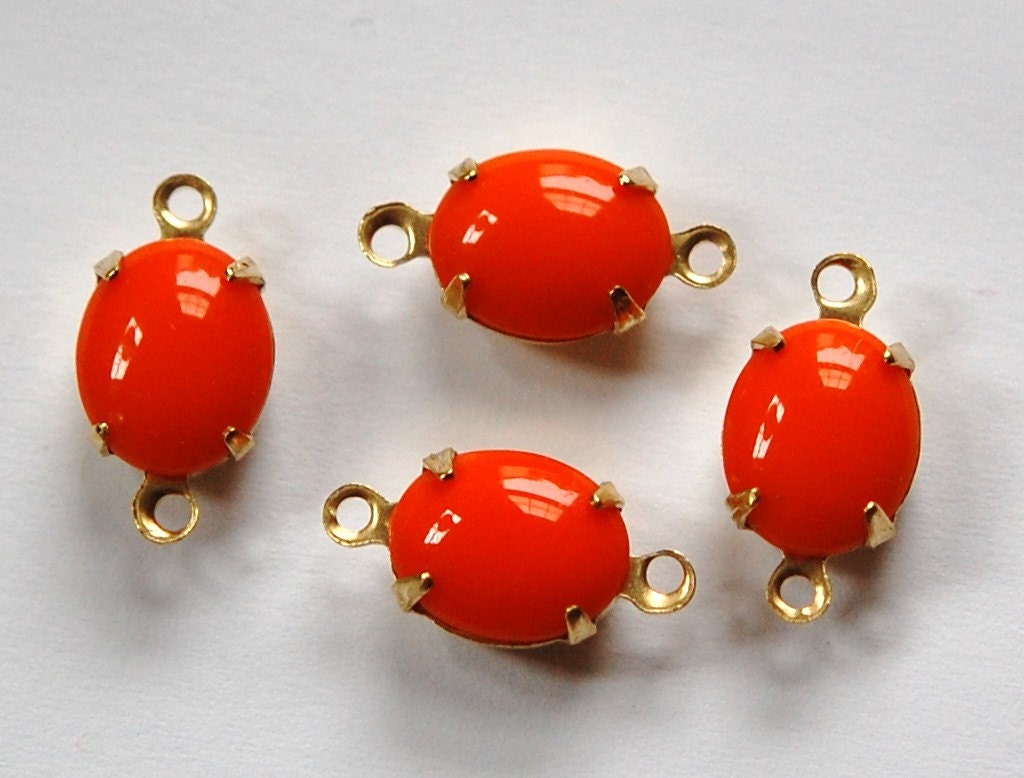 Vintage Opaque Orange Oval Stones in 2 Loop Brass Setting ovl005E2
