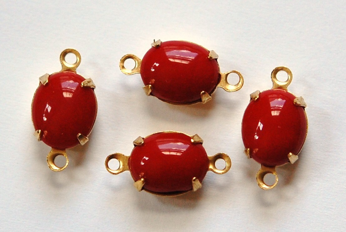 Vintage Opaque Red Oval Stones in 2 Loop Brass Setting ovl005F2