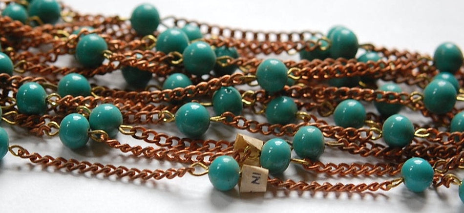 Vintage Dark Turquoise Blue Glass Beaded Chain Japan chn058