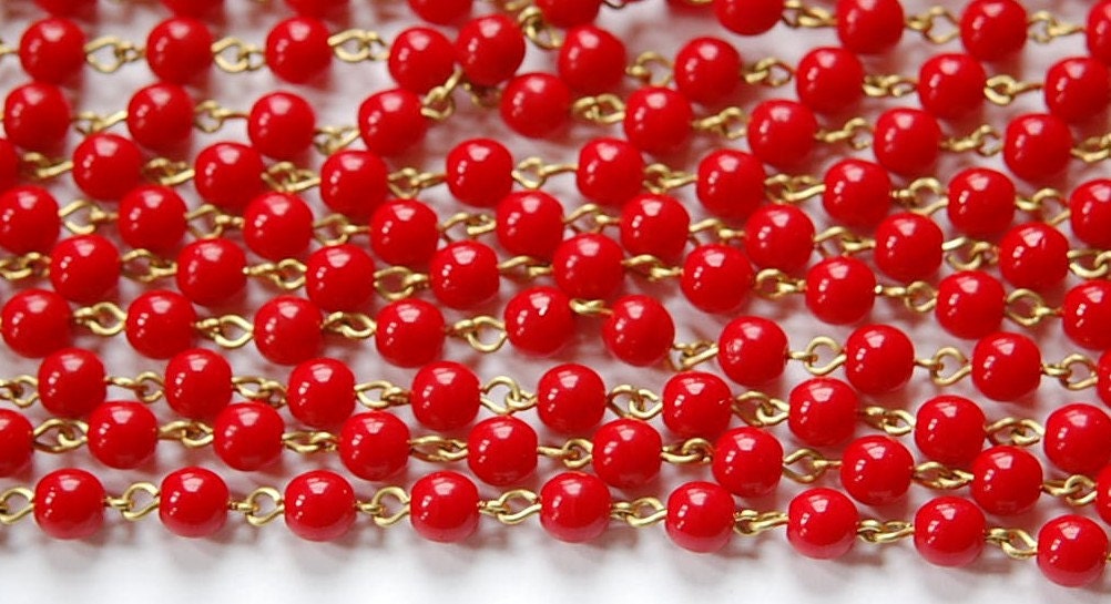 Red Czech Glass Beaded Chain Raw Brass Links 6mm chn117