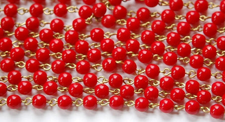 Red Czech Glass Beaded Chain Raw Brass Links 6mm chn117