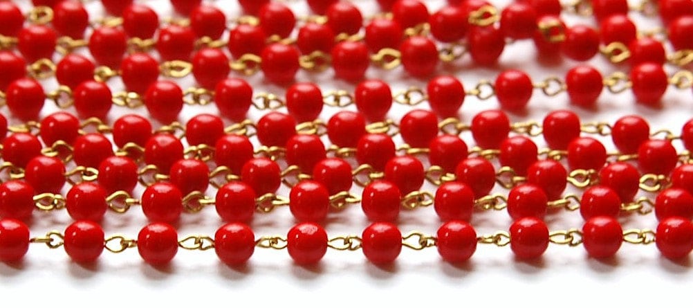 Red Czech Glass Beaded Chain Raw Brass Links 6mm chn117