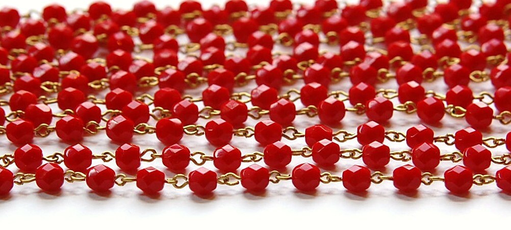 Red Faceted Czech Glass 6mm Beaded Chain Raw Brass Links chn123