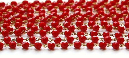 Red Faceted Czech Glass 6mm Beaded Chain Raw Brass Links chn123