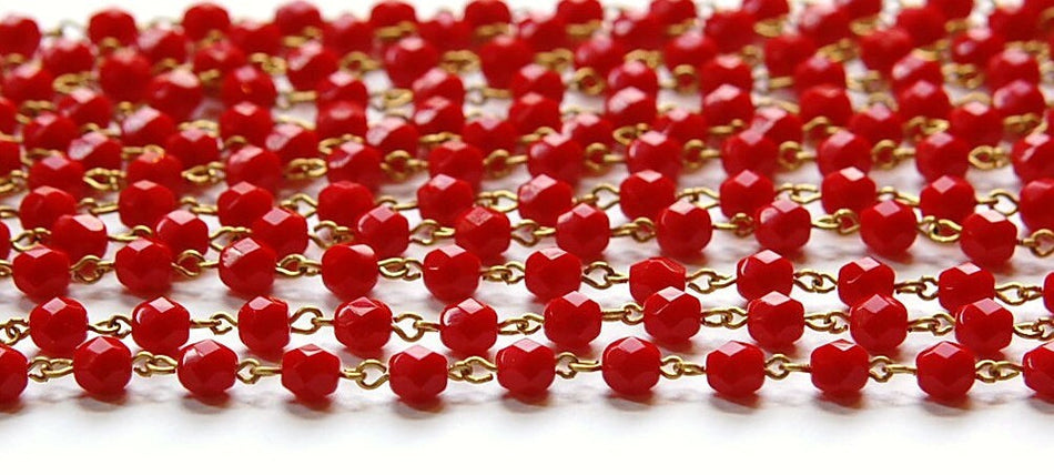 Red Faceted Czech Glass 6mm Beaded Chain Raw Brass Links chn123