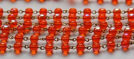 Hyacinth Orange AB Czech Glass Beaded Chain Raw Brass Links chn119