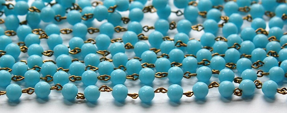 Light Blue Czech Glass 6mm Beaded Chain Raw Brass Links chn130