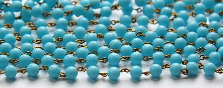 Light Blue Czech Glass 6mm Beaded Chain Raw Brass Links chn130