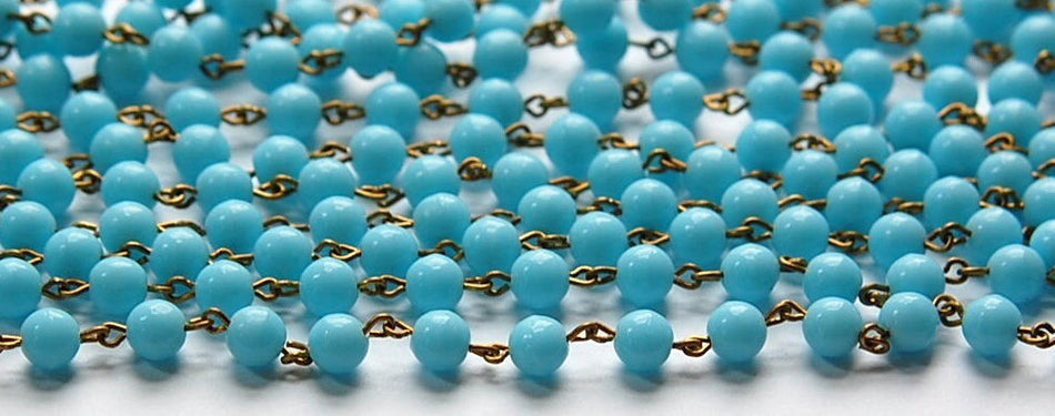 Light Blue Czech Glass 6mm Beaded Chain Raw Brass Links chn130