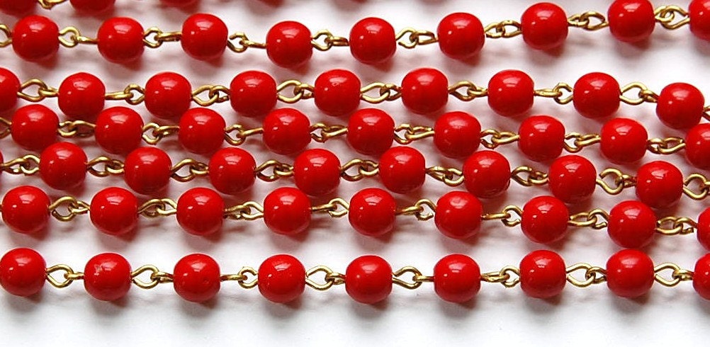 Red Czech Glass Beaded Chain Raw Brass Links 6mm chn117
