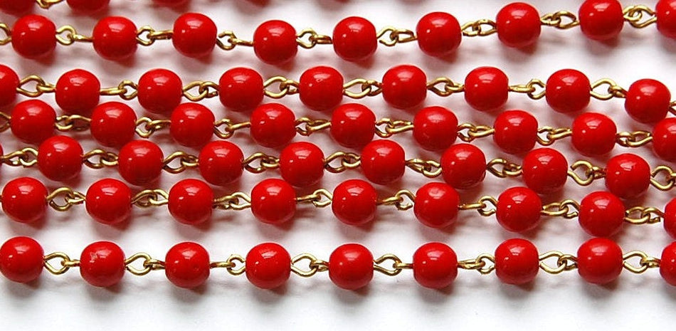 Red Czech Glass Beaded Chain Raw Brass Links 6mm chn117