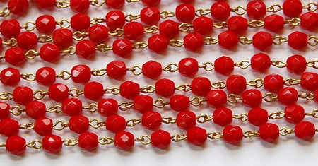 Red Faceted Czech Glass 6mm Beaded Chain Raw Brass Links chn123