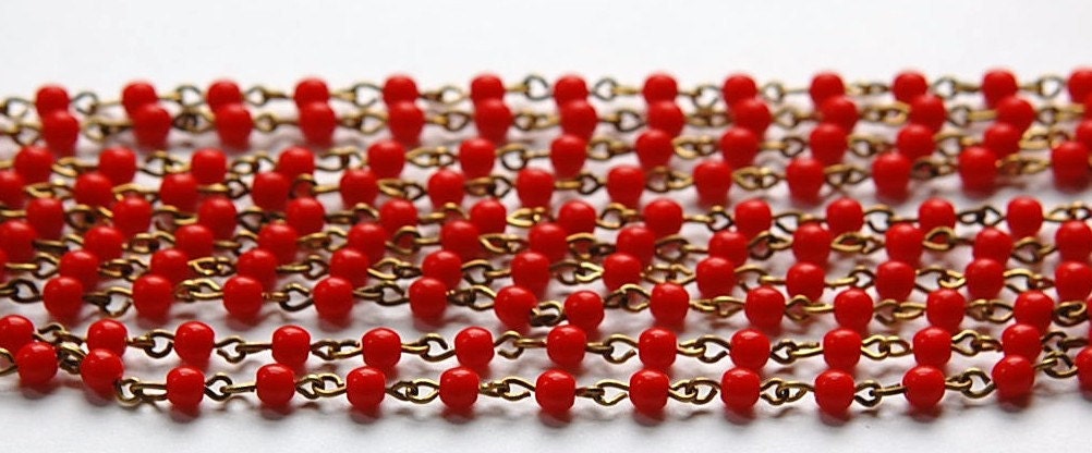 Smooth Red Czech Glass 4mm Beaded Chain Raw Brass Links chn116