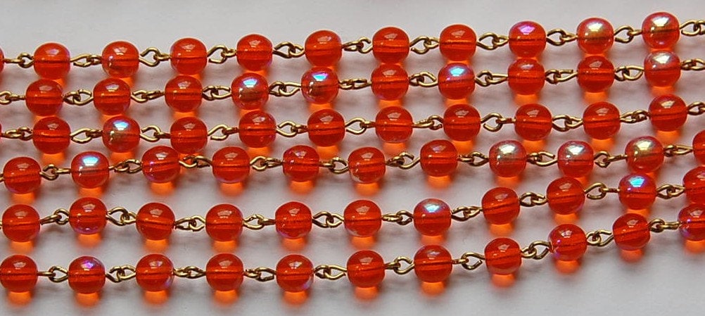 Hyacinth Orange AB Czech Glass Beaded Chain Raw Brass Links chn119