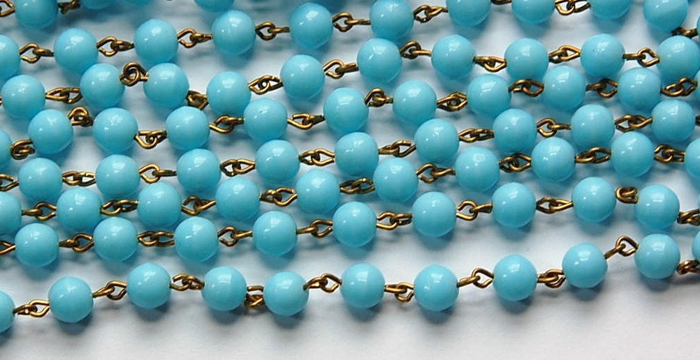 Light Blue Czech Glass 6mm Beaded Chain Raw Brass Links chn130