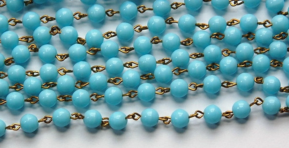 Light Blue Czech Glass 6mm Beaded Chain Raw Brass Links chn130
