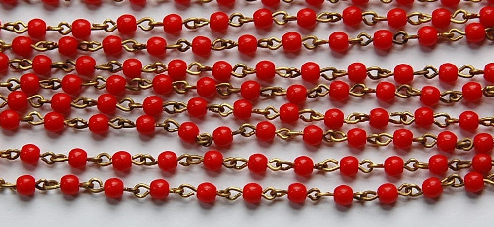 Smooth Red Czech Glass 4mm Beaded Chain Raw Brass Links chn116
