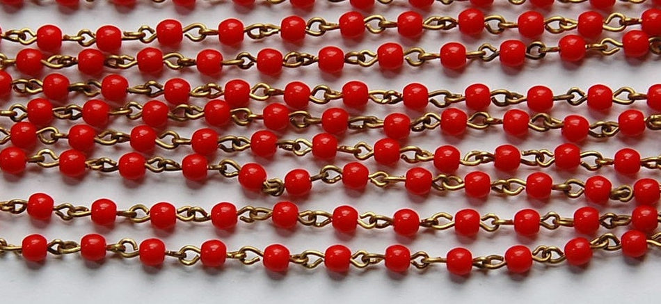 Smooth Red Czech Glass 4mm Beaded Chain Raw Brass Links chn116