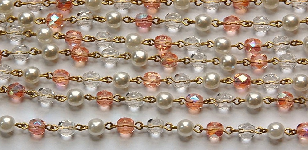 White Pearl Pink Faceted Czech Glass Beaded Chain Raw Brass Links chn128