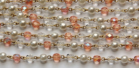 White Pearl Pink Faceted Czech Glass Beaded Chain Raw Brass Links chn128