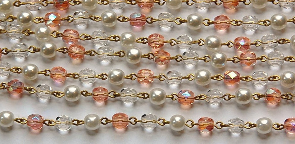 White Pearl Pink Faceted Czech Glass Beaded Chain Raw Brass Links chn128