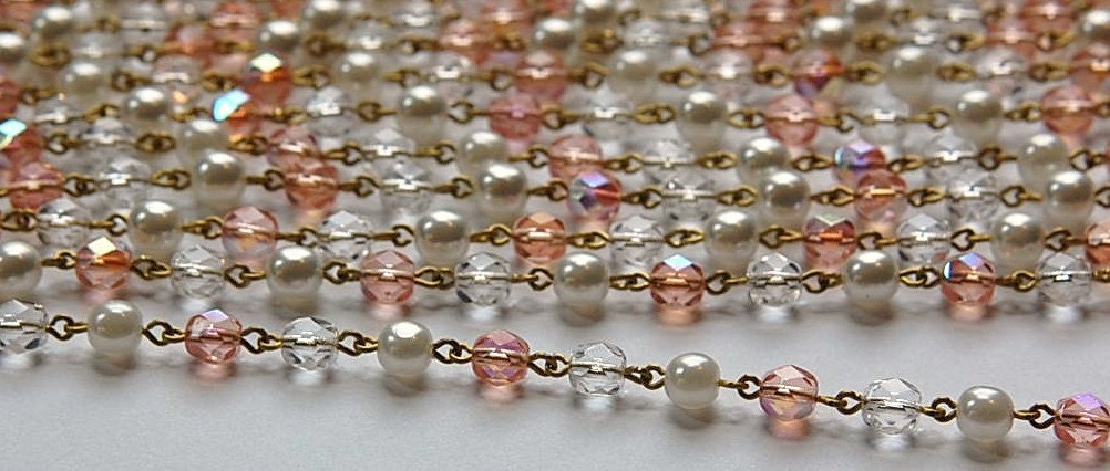 White Pearl Pink Faceted Czech Glass Beaded Chain Raw Brass Links chn128