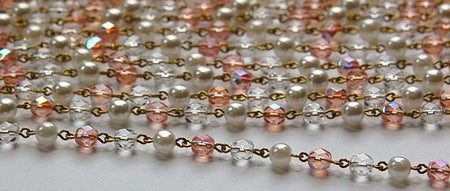 White Pearl Pink Faceted Czech Glass Beaded Chain Raw Brass Links chn128