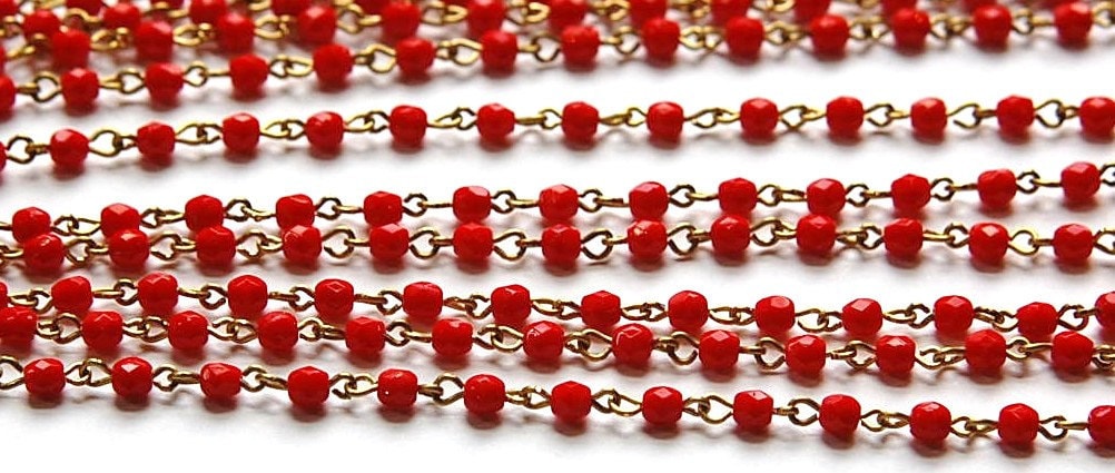 Red Faceted Czech Glass 4mm Beaded Chain Raw Brass Links chn122