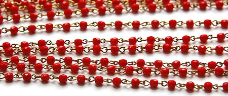 Red Faceted Czech Glass 4mm Beaded Chain Raw Brass Links chn122