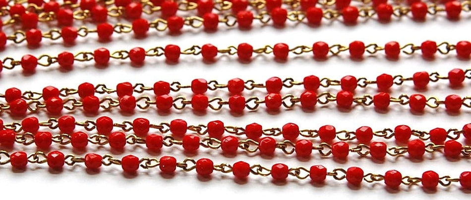 Red Faceted Czech Glass 4mm Beaded Chain Raw Brass Links chn122