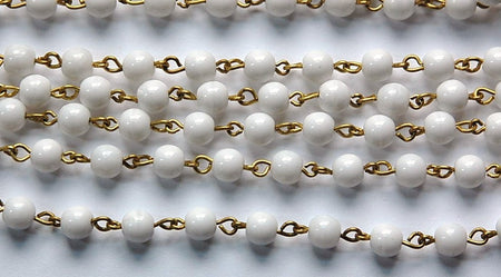 Smooth White Czech Glass 6mm Beaded Chain Raw Brass Links chn113